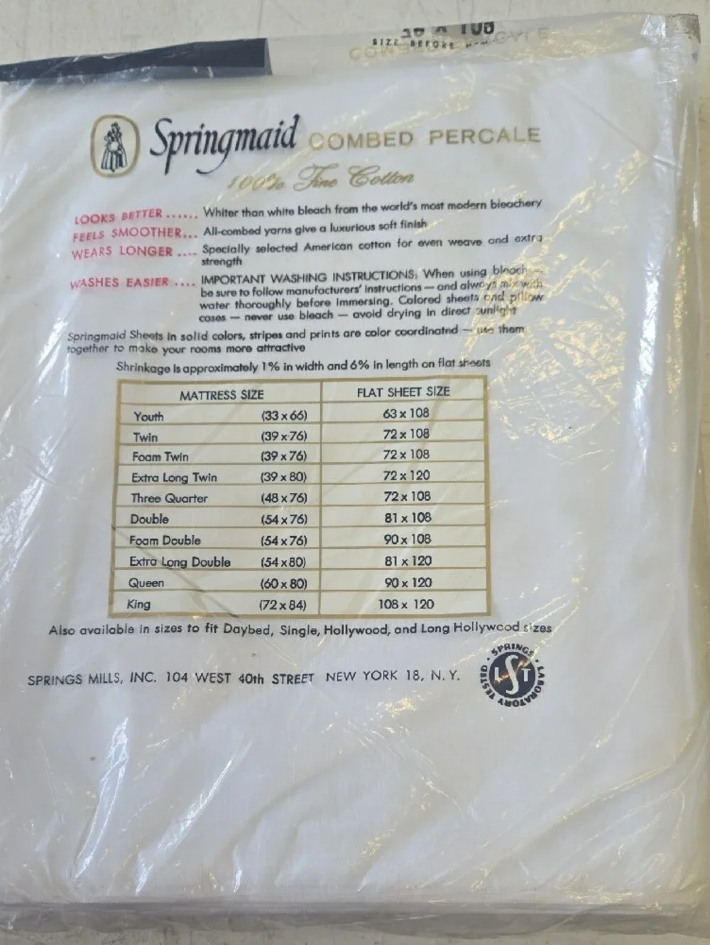 Springmaid White Twin Flat Sheet - Combed Percale